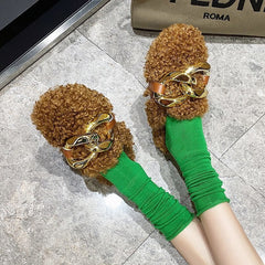 Furry Fur Metal Female Mules Flip Flops