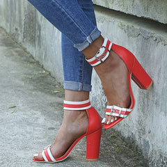 Red Ankle Buckle Strap Square Heels