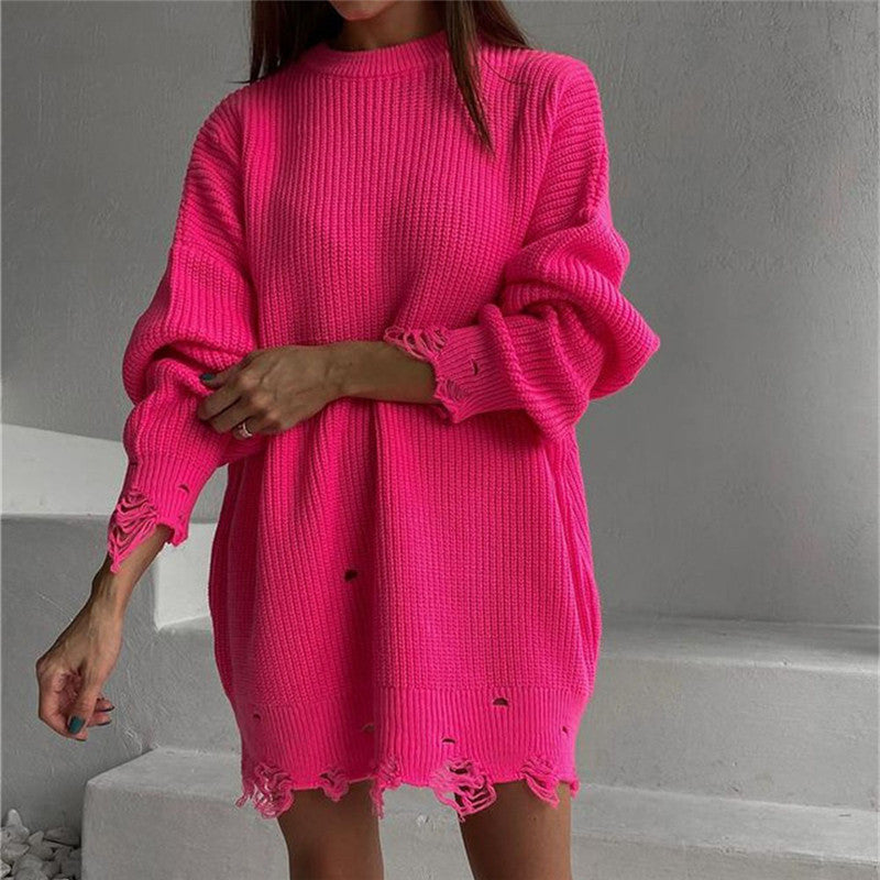 Ripped O Neck Oversized Sweater Dress