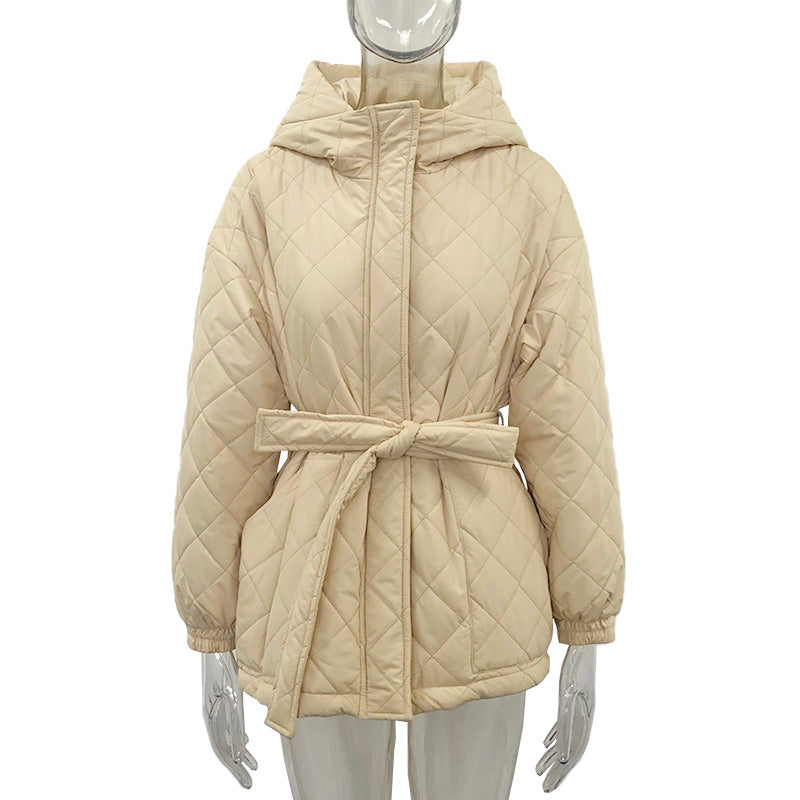 Elegant Tie Belt Loose Arygle Hooded Parkas