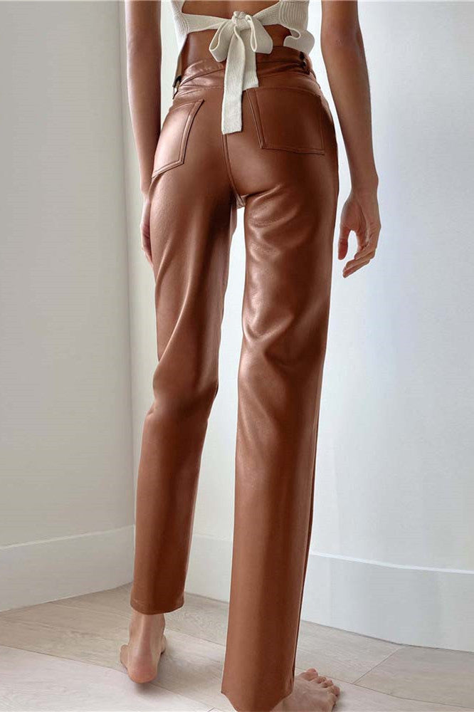 Faux Leather High Waist Straight Leg Pants