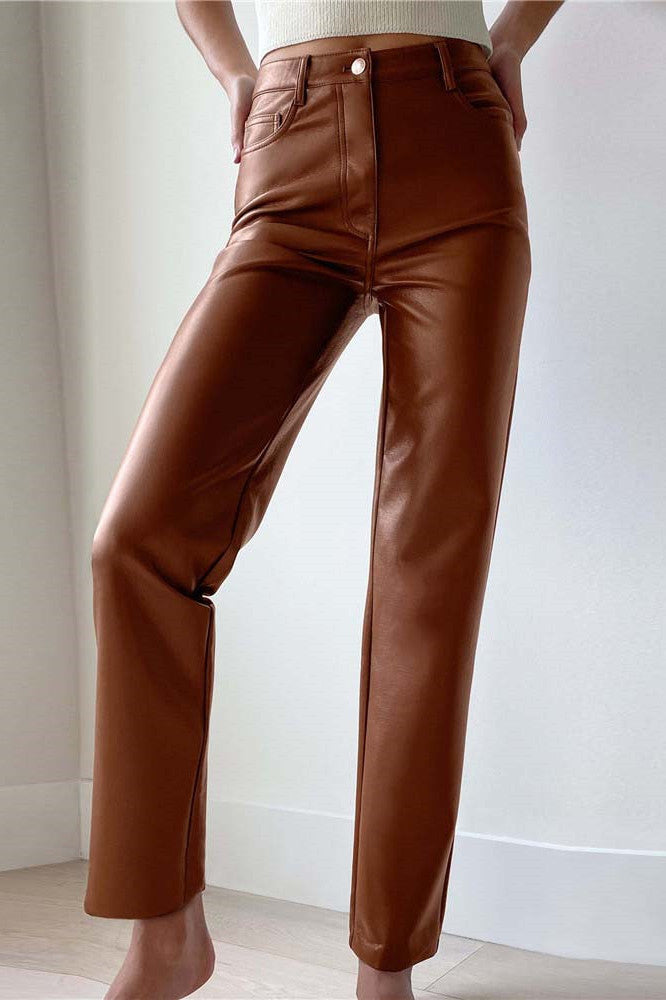 Faux Leather High Waist Straight Leg Pants