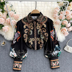 Retro Totem Printing Lantern Sleeve Blouse