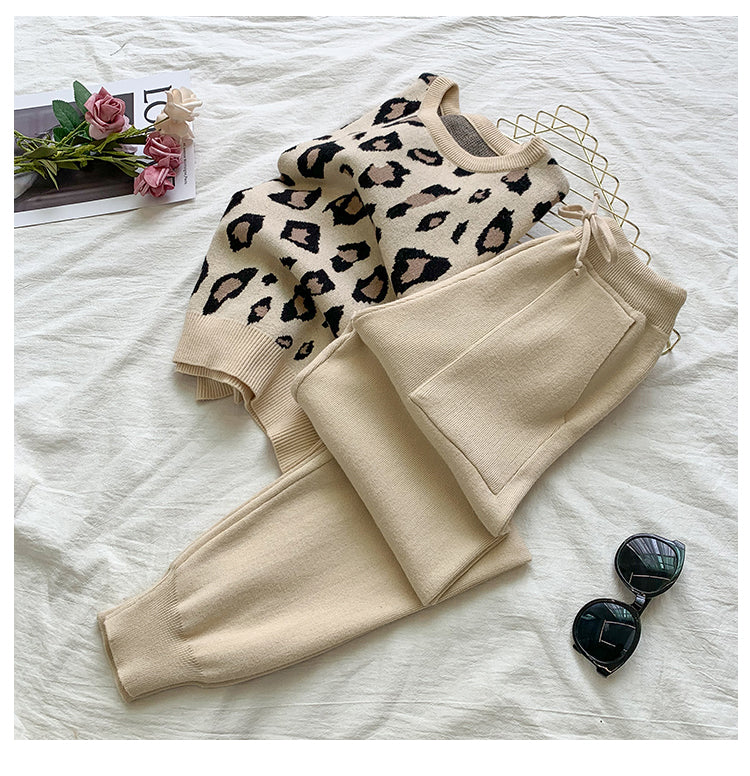 Knit Leopard Pullover Sweaters+Elastic Waist Pants Sets