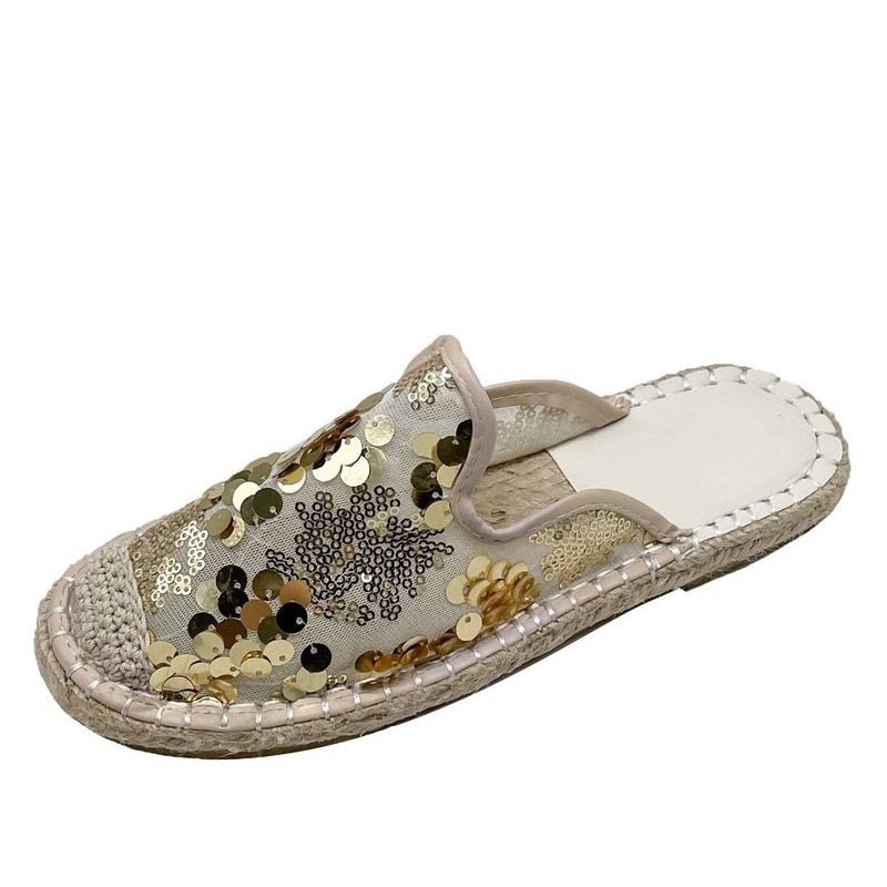 Hemp Soled Sequined Cloth Bling Flat Slippers