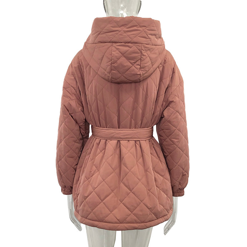 Elegant Tie Belt Loose Arygle Hooded Parkas