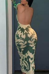 Long Sleeve Backless Camouflage Bodycon Dress