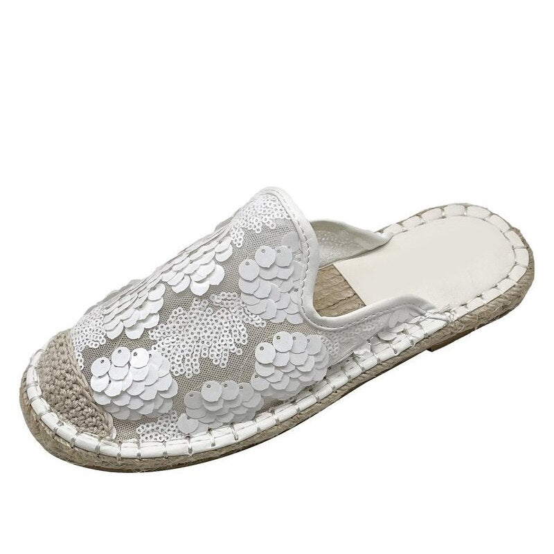 Hemp Soled Sequined Cloth Bling Flat Slippers