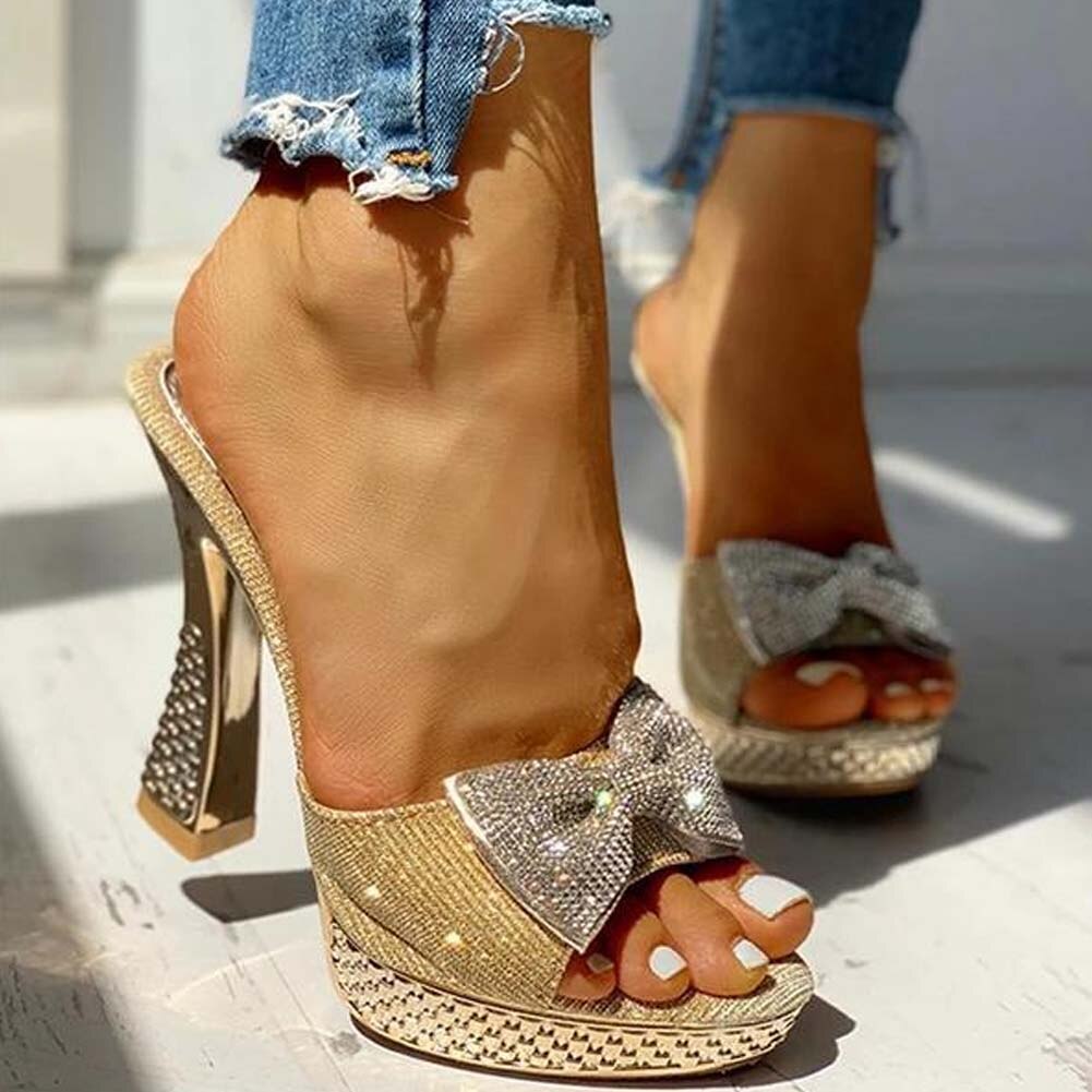 Sequined Open Toe Bow Tie Heels