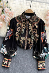 Retro Totem Printing Lantern Sleeve Blouse