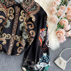 Retro Totem Printing Lantern Sleeve Blouse