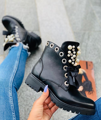 Pearl Ribbon Decorated Black Ankle Boots