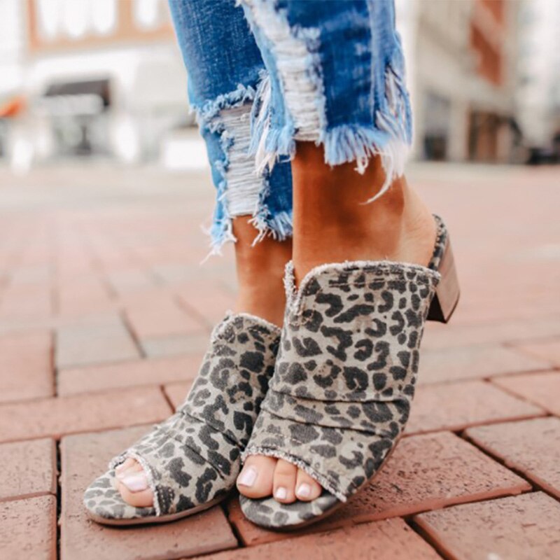 Leopard Thick High Heels Slippers