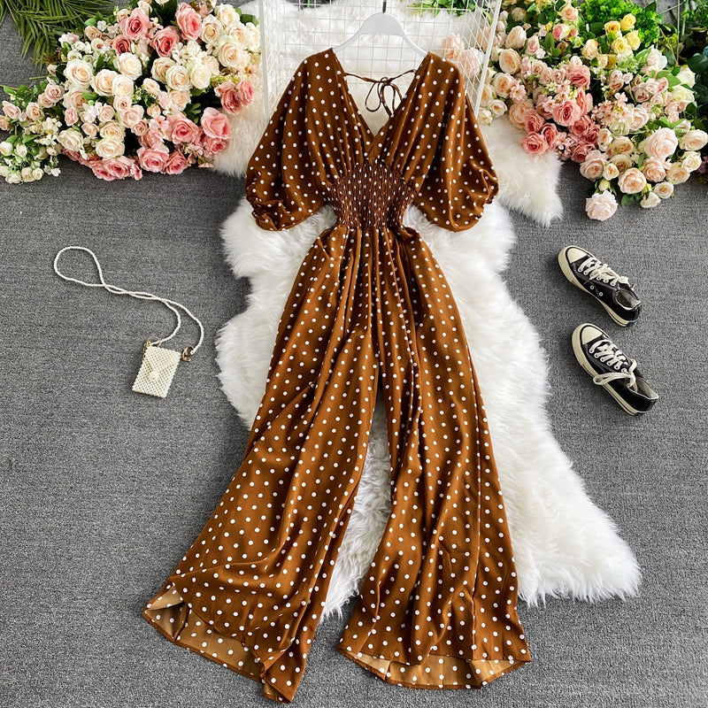 Polka Dot Puff Short Sleeve High Waist Jumpsuit