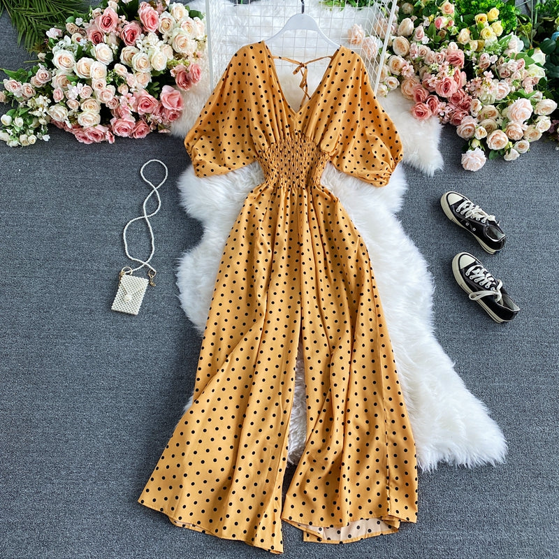 Polka Dot Puff Short Sleeve High Waist Jumpsuit