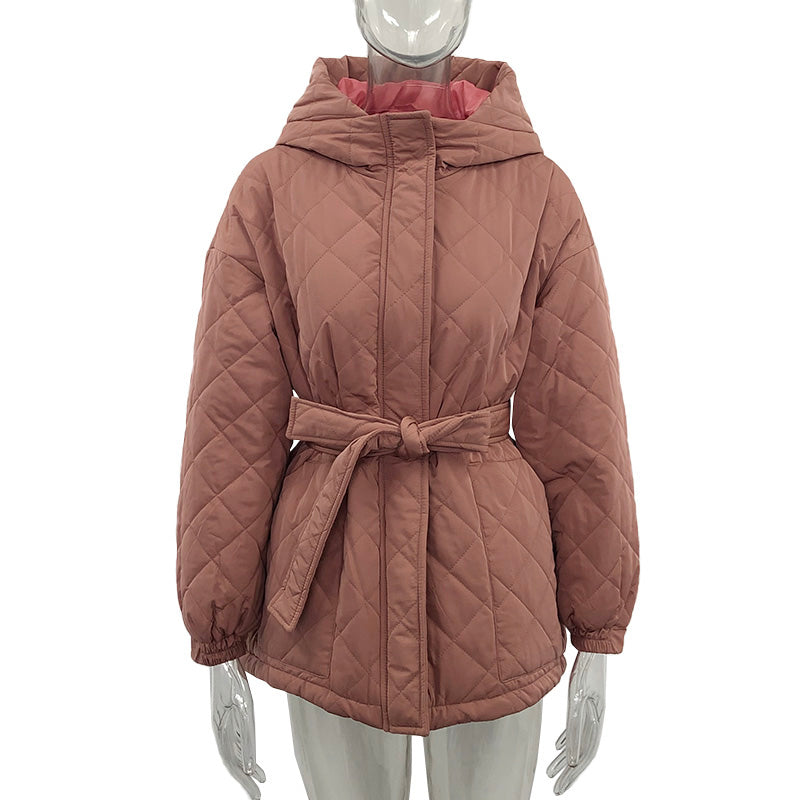 Elegant Tie Belt Loose Arygle Hooded Parkas