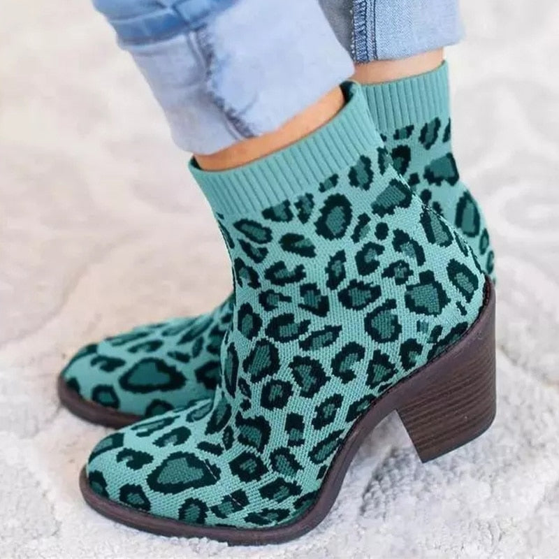 Leopard Ankle Knitting Sock Boots