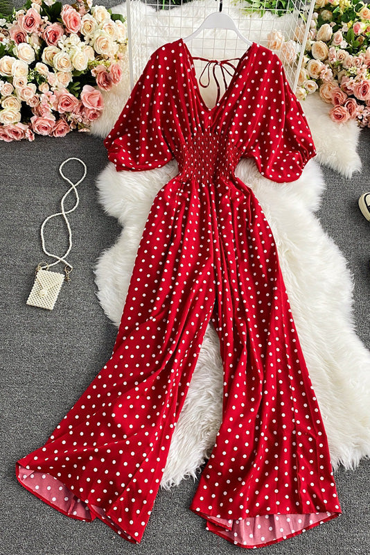 Polka Dot Puff Short Sleeve High Waist Jumpsuit