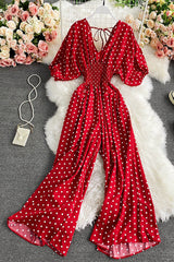 Polka Dot Puff Short Sleeve High Waist Jumpsuit