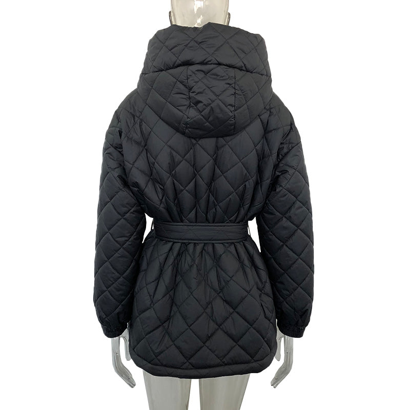 Elegant Tie Belt Loose Arygle Hooded Parkas