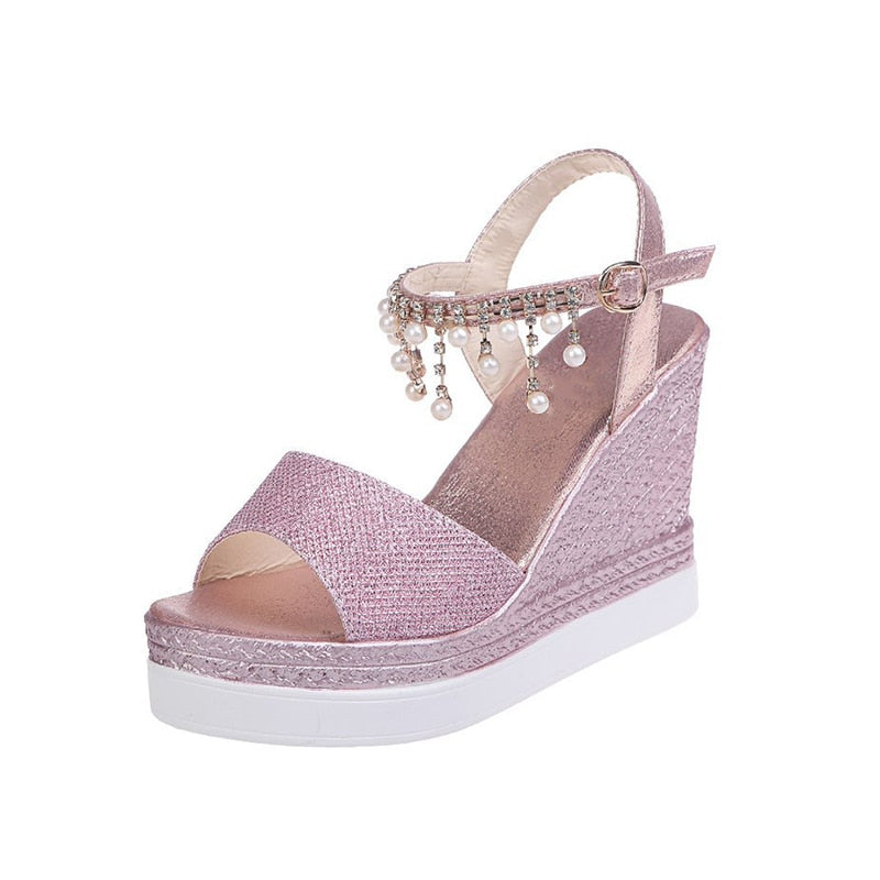 Bead Studded Platform Wedge Sandals