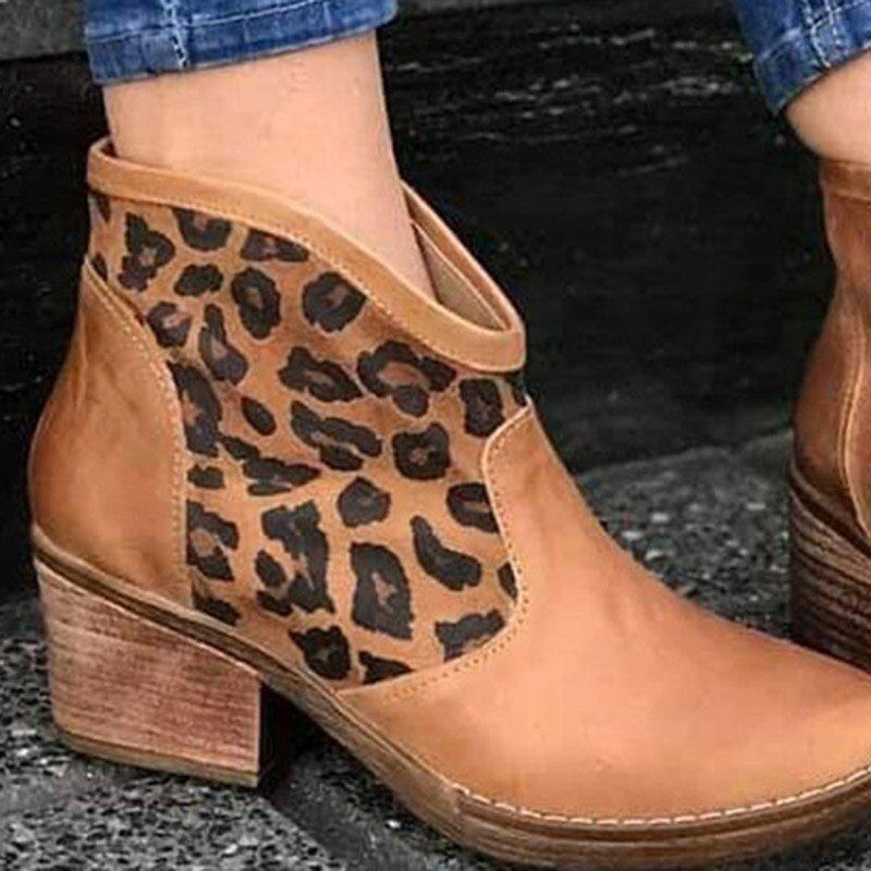 Retro Leopard Ankle Square Heels Boots