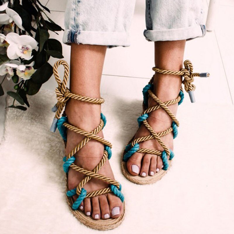 Peep Toe Cross Lace Up Flat Sandals