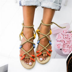 Peep Toe Cross Lace Up Flat Sandals