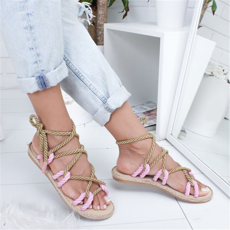 Peep Toe Cross Lace Up Flat Sandals