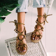 Peep Toe Cross Lace Up Flat Sandals