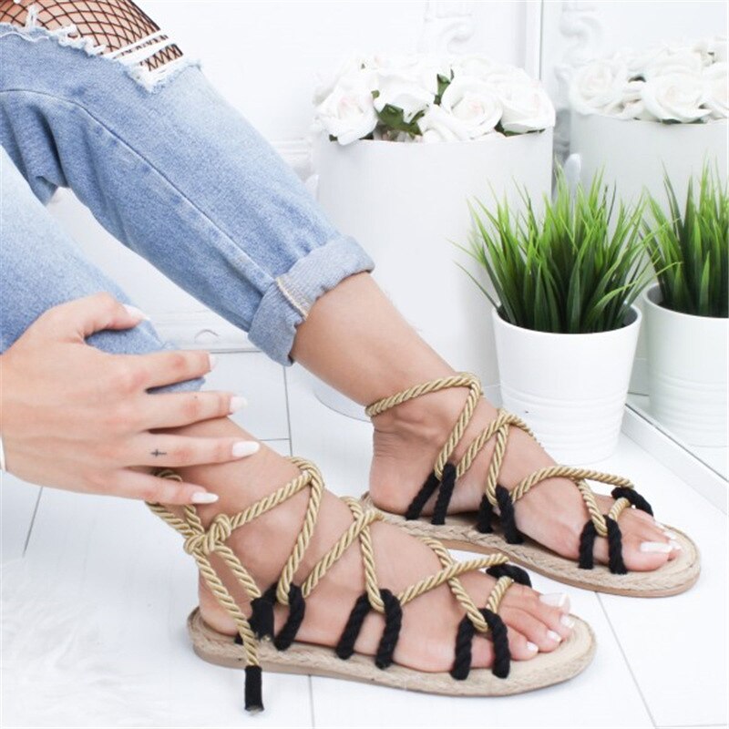 Peep Toe Cross Lace Up Flat Sandals