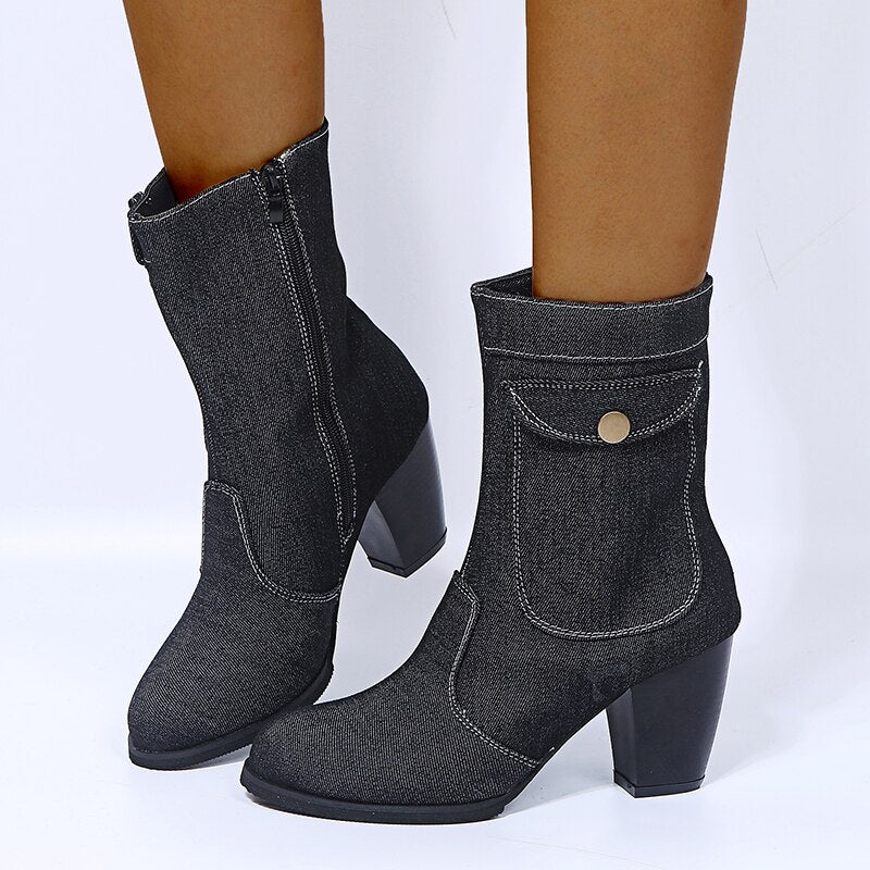 Denim Leather Middle Heel Side Zipper Boots