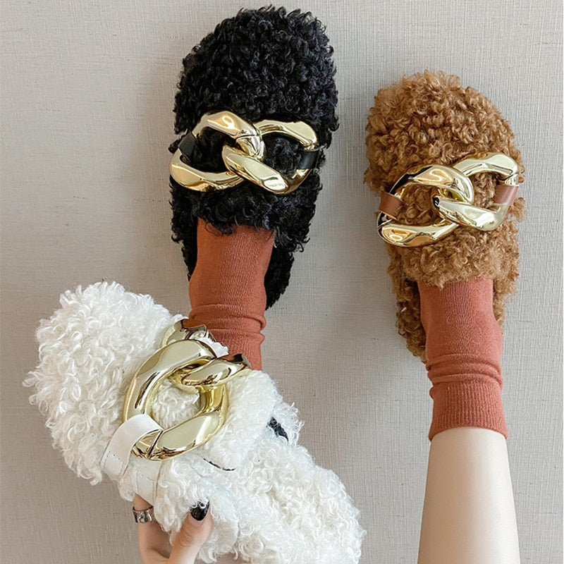 Furry Fur Metal Female Mules Flip Flops