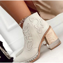 Embroidered Thick Heel Sewing Rivets Vintage Ankle Boots