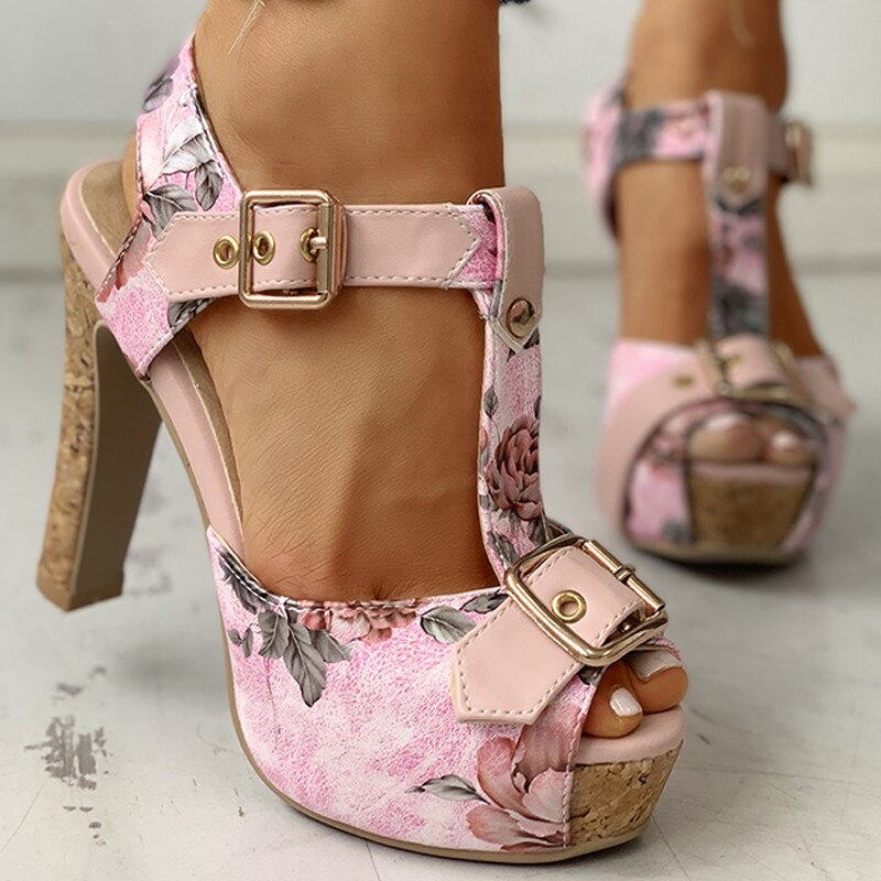 Platform Flower Square Heel Shoes