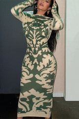 Long Sleeve Backless Camouflage Bodycon Dress