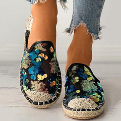 Hemp Soled Sequined Cloth Bling Flat Slippers