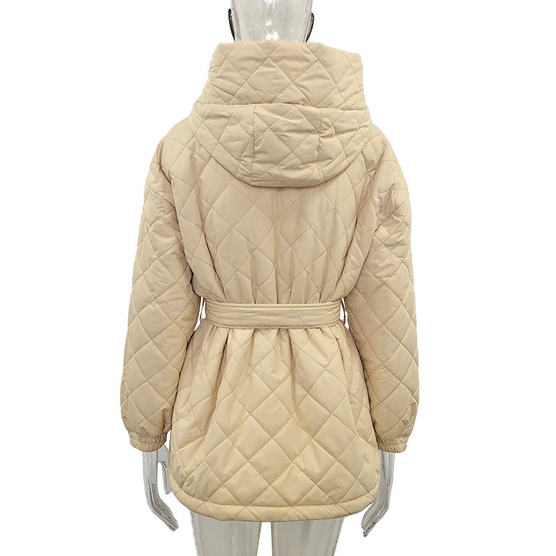 Elegant Tie Belt Loose Arygle Hooded Parkas