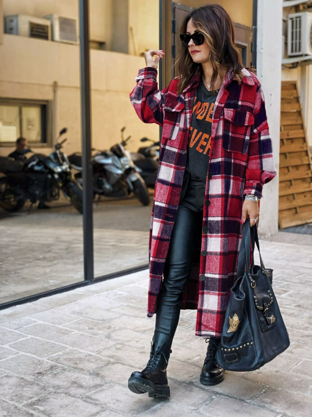 Long Flannel Plaid Trench Coat