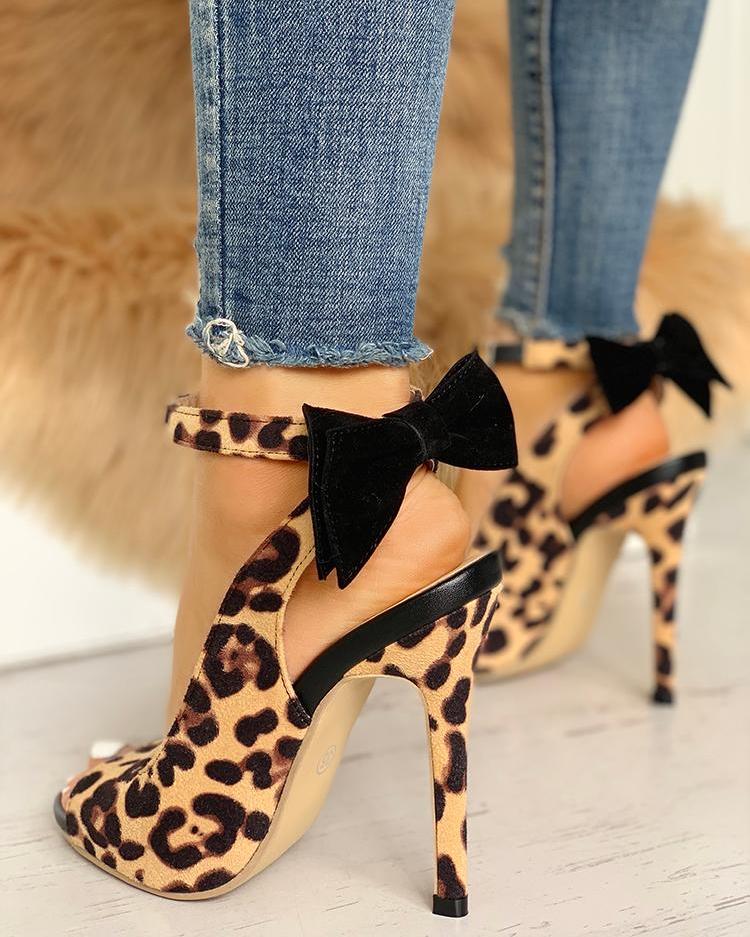 Ankle Strap Leopard Bow Thin Heels