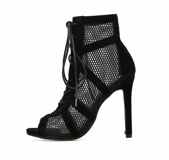 Mesh Lace-Up Cross-tied Boots Pumps