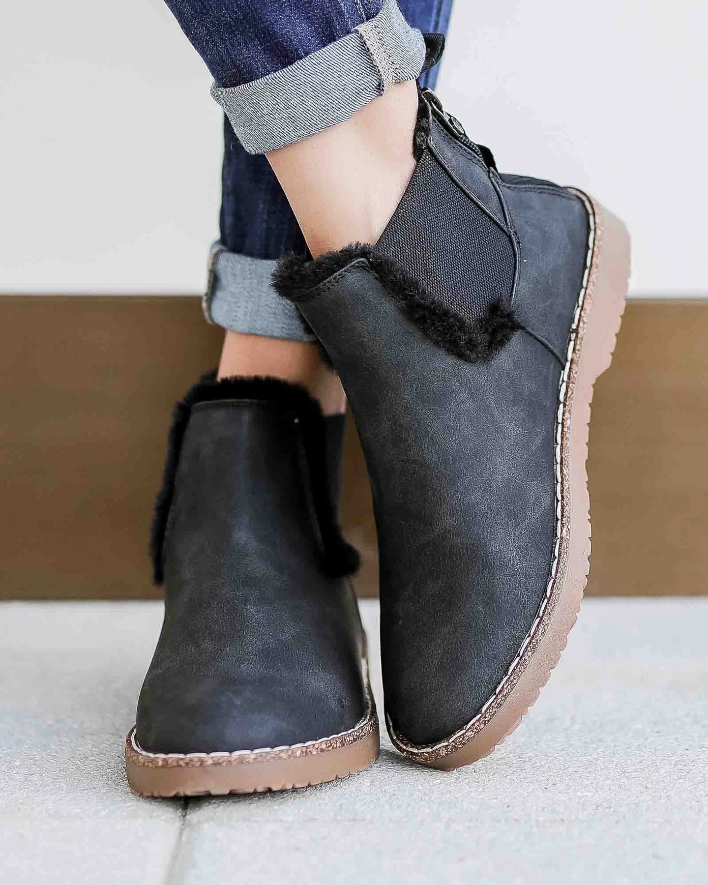 Slip On Back Zipper Plush Sole Ankle Booties