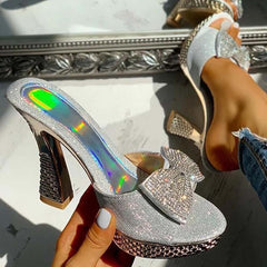 Sequined Open Toe Bow Tie Heels