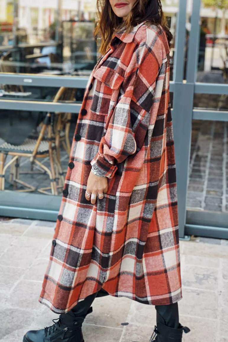 Long Flannel Plaid Trench Coat