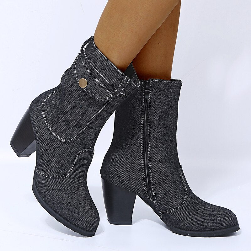 Denim Leather Middle Heel Side Zipper Boots