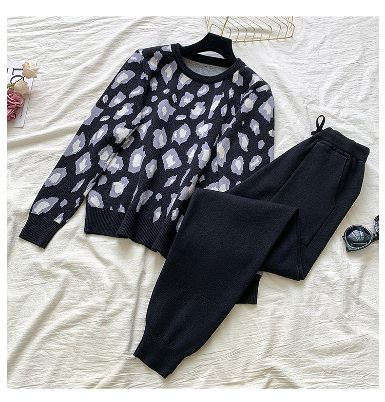 Knit Leopard Pullover Sweaters+Elastic Waist Pants Sets