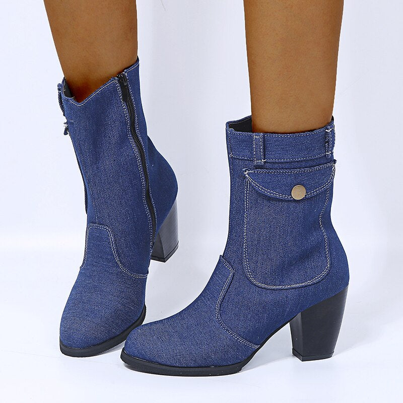 Denim Leather Middle Heel Side Zipper Boots