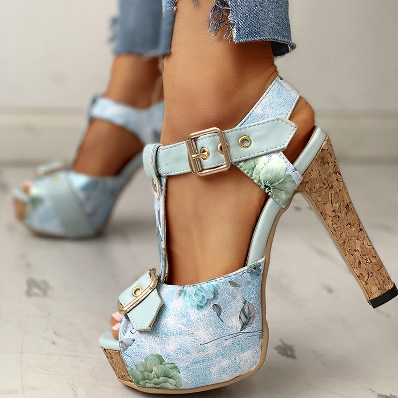 Platform Flower Square Heel Shoes