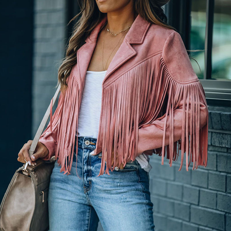 Vintage Lapel Long Sleeve Fringe Cropped Hippie Jacket