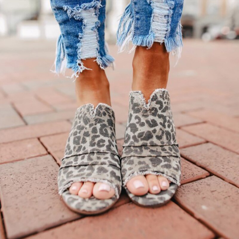 Leopard Thick High Heels Slippers